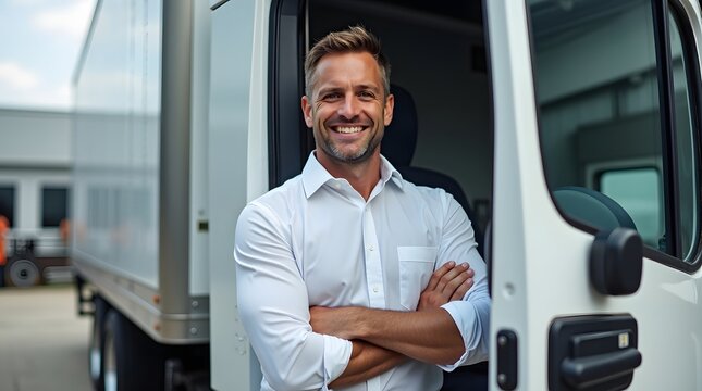 A confident Caucasian male truck driver smiles while standing by his vehicle, showcasing a strong sense of professionalism and approachability.