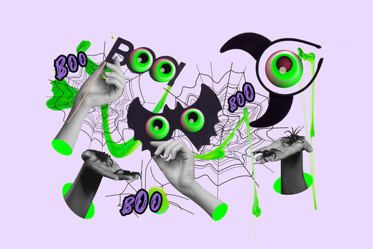 Composite sketch image design trend artwork collage of magician conjure mystical halloween night set object hand hold mask bat spider web