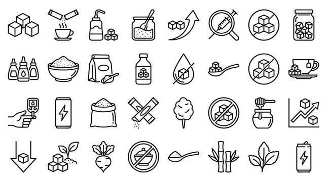 Sugar food vector icon collection, outline symbols featuring sugar cubes production ingredients healthy lifestyle choices and sweet dietary foods for nutrition designs