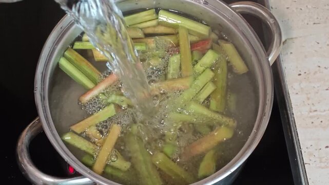 Preparing rhubarb compote by boiling rhubarb in water and sugar