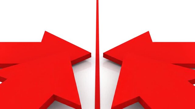 Opposing red arrows facing a central red barrier on white background