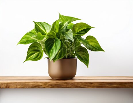 pothos plant on a wooden shelf isolated on white background