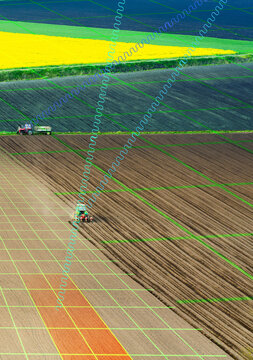 Modern tractor planting corn with precision seeder on agricultural field