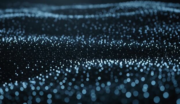 Thousands of tiny luminous points continuously rearrange themselves according to invisible mathematical rules, forming temporary constellations, arcs and clusters before smoothly transitioning 