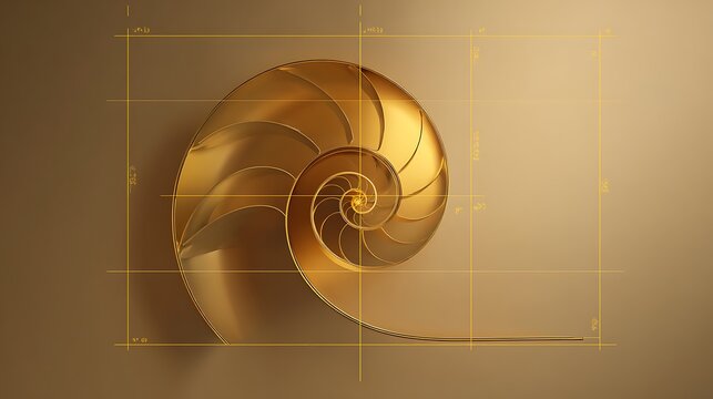 Golden nautilus shell section revealing Fibonacci spiral and golden ratio grid symbolizing natures perfect proportion and mathematical beauty ideal for science and design 
