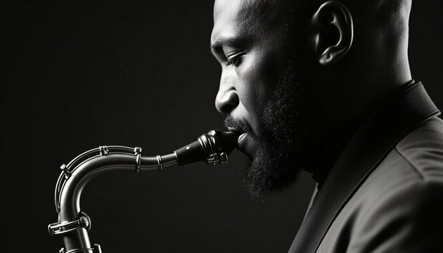 African american jazz musician playing saxophone in dramatic low key studio lighting
