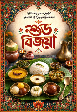 Traditional Bengali Bijoya Dashami festival celebration with authentic food and decorative elements