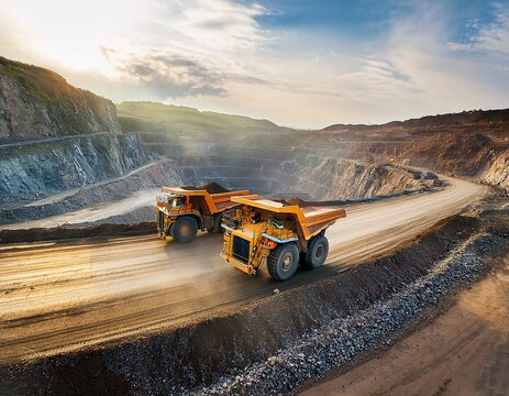 heavy mining dump trucks driving on a road in a large openpit mine transporting rocks and ore in a quarry industrial landscape with heavy machinery
