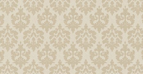 Beige damask pattern wallpaper with a vintage floral motif and textured fabric surface © Nurjahan _Studio