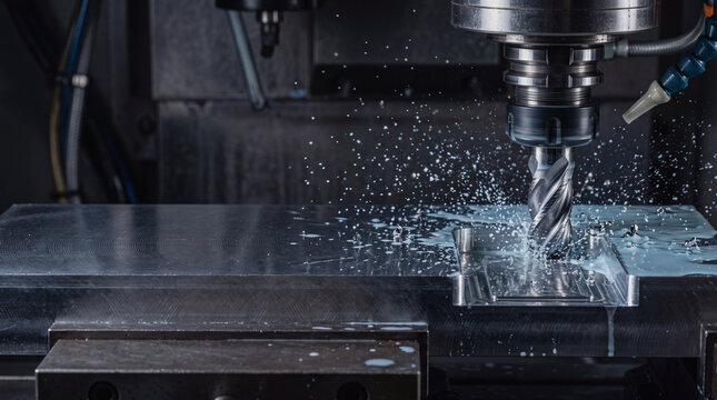 CNC milling machine cutting metal component with coolant fluid and metal chips in modern industrial factory