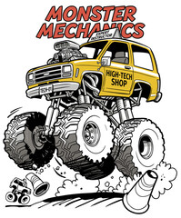 Monster truck mechanic cartoon. Big wheels off road design. Vintage truck racing graphic. © panji