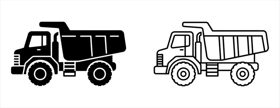 Dump truck icon set featuring heavy construction vehicle silhouettes and outlines heavy machinery tipper truck construction equipment earth moving