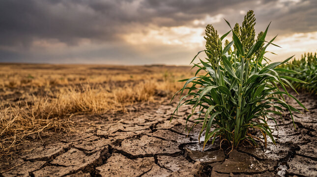 Drought resistant crop growing in cracked dry soil under severe climate change and global warming