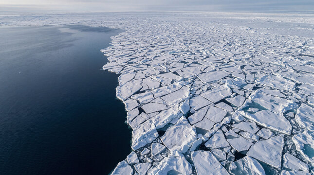 Arctic sea ice fractured into floating pack ice in polar ocean viewed from aerial drone