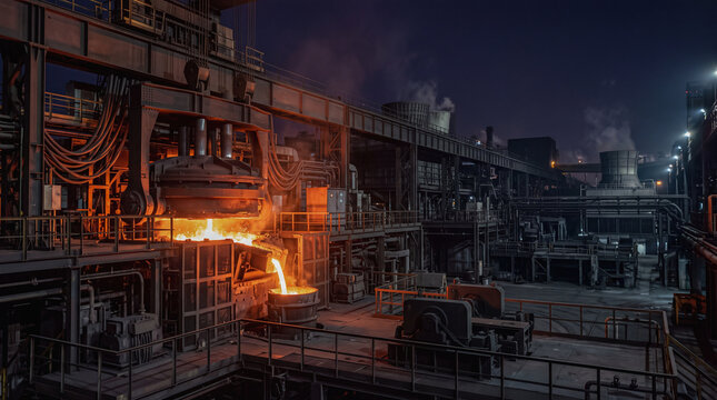 Industrial steel production facility with glowing molten metal pouring in foundry at night