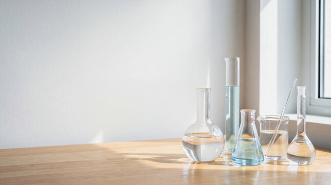 Laboratory glassware with clear liquids on wooden table near window in bright room