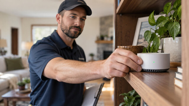 Technician Placing a Radon Monitor in a Home