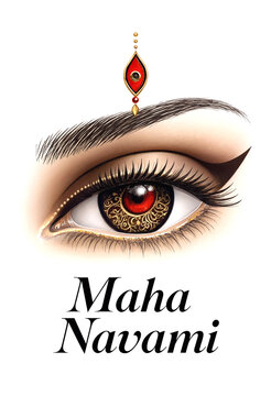 Traditional Indian eye makeup design with intricate patterns and bindi for cultural and religious themes