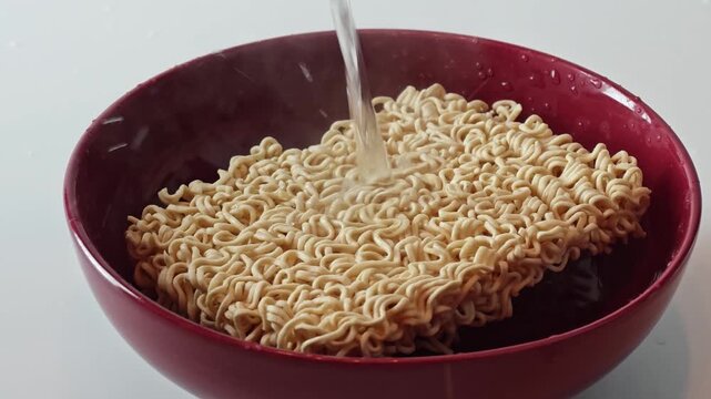 Making instant ramen step by step with boiling water in a bowl