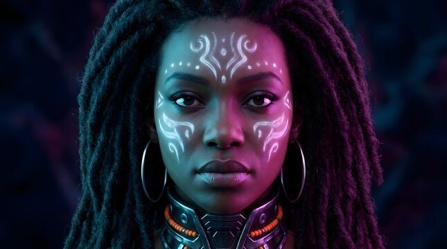 Futuristic woman with glowing neon tribal face paint and dark dreadlocks stares intensely into camera lens under vibrant purple lighting