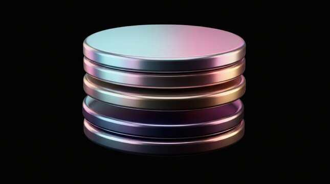 Abstract 3d render of a stack of metallic iridescent circular discs with a smooth gradient finish, creating a modern and futuristic aesthetic on black background