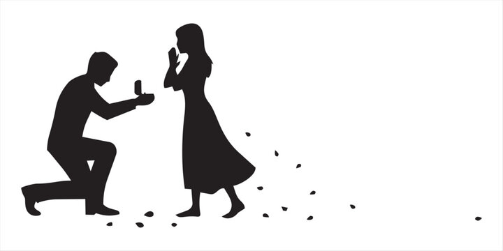 Marriage proposal silhouette, man kneeling with ring proposing to woman, romantic love concept, engagement moment, relationship and wedding isolated on white background illustration