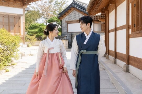 Young Korean couple in contemporary hanbok walking through a traditional village during Chuseok.
