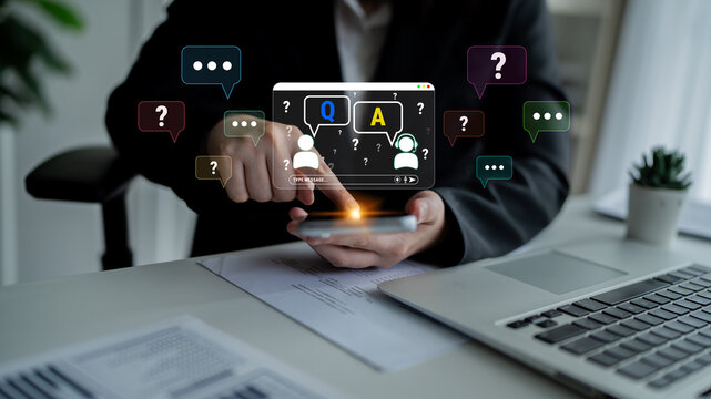 Interactive technology scene showcasing a person using a smartphone for online question and answer sessions with live chat features and virtual communication elements. Glyphic.