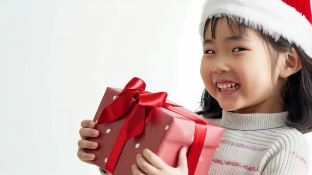 A cheerful young girl, adorned with a Santa hat, beams with excitement as she holds a wrapped gift. The red paper and vibrant bow highlight the joyous anticipation of the holiday season.