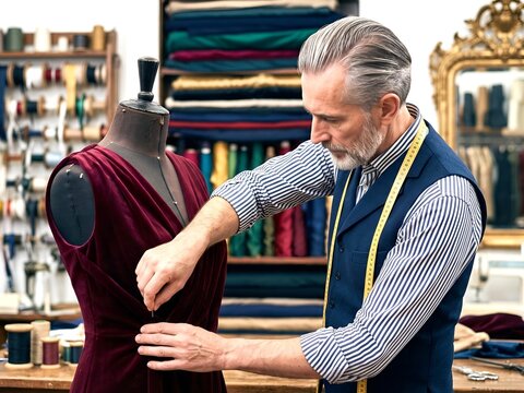 Senior tailor fitting red dress on mannequin in workshop
