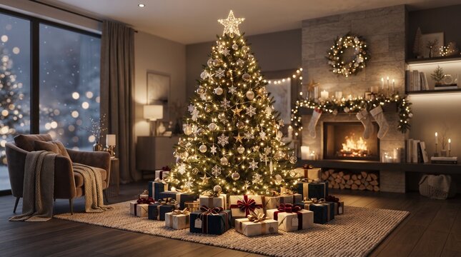 Cozy Christmas Living Room with Star-Topped Tree
Snowy Evening Christmas Living Room
Warm and Inviting Holiday Living Room
Christmas Tree, Presents and Fireplace Mantel
Armchair by the Window on Chris