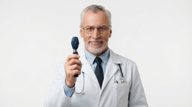 senior doctor holding ophthalmoscope medical equipment