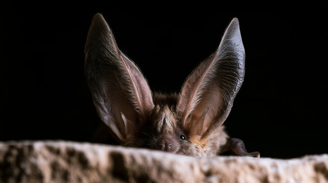 Eye-level macro portrait of a small long-eared bat gripping the edge of a textured stone, oversized translucent ears dominating the frame while its brown furry face emerges from co