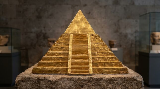 Golden pyramid model artifact on display in a museum
