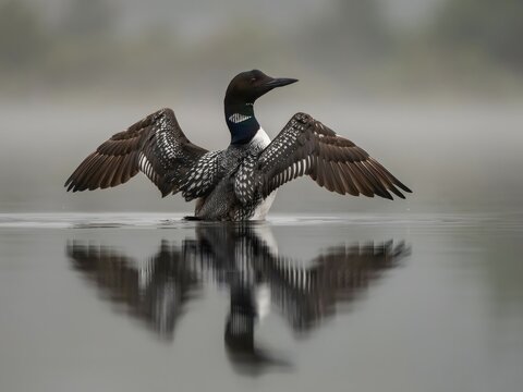Common Loon Spreading Wings on Calm Water in Nature Scene