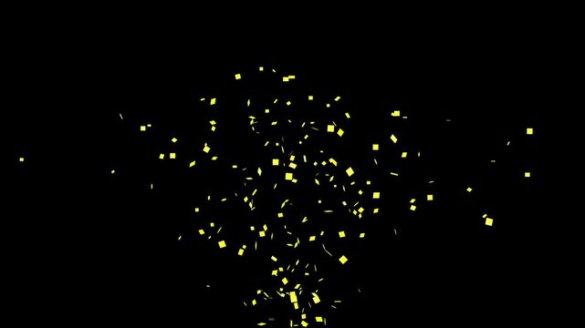 Small golden confetti burst from bottom with explosions moving right to left and back, seamless 3d celebration animation with sparkling particles on black screen, 4k
