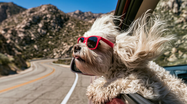 Side view of an adventurous little dog wearing red sunglasses and looking forward from a moving vehicle window, long fur swept backward by the breeze with a winding highway, rocky
