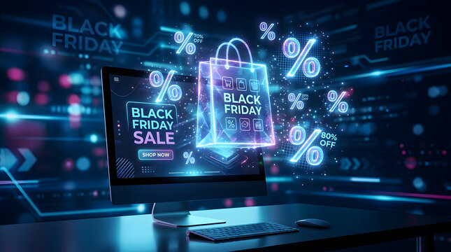Futuristic Black Friday sale promotion, neon holographic shopping bag concept, cyber glowing discount signs, digital marketing advertisement, e-commerce web page layout