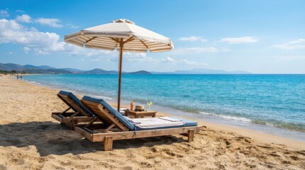 Obraz premium Sun loungers and umbrella on a sandy beach by the sea