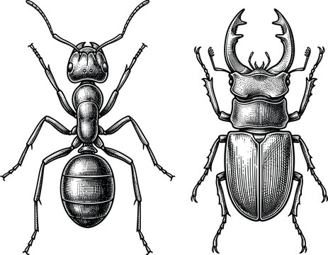 Realistic retro insect illustration set of worker ant and horned beetle top view isolated on white background vector