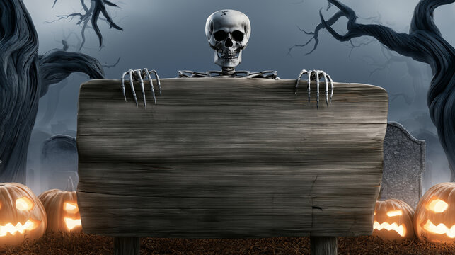 Front view of a human skeleton peeking over a large blank wooden sign in a foggy Halloween graveyard, bony hands gripping the upper edge while glowing jack-o-lanterns and twisted t