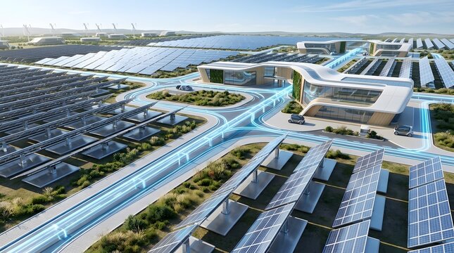 Futuristic smart city infrastructure with advanced solar power grid and sustainable urban design.