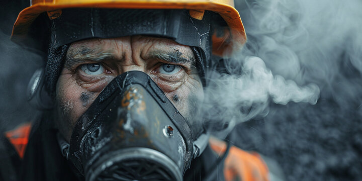 Close up portrait of a male worker wearing safety helmet and respirator gas mask in a smoky industrial mine environment with intense blue eyes looking directly at camera with grit and soot on face xxx