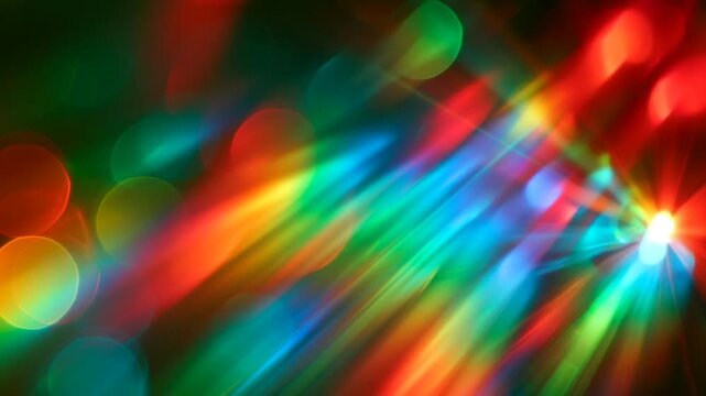 Rainbow light beams sweep across soft red, green, and blue bokeh in continuous motion. Perfect for music visuals, party backgrounds, and energetic promotions.