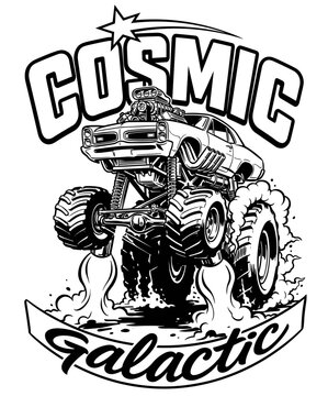 Cosmic monster truck. Galactic racing team. Vintage sport car t shirt vector design.
