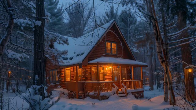 A quaint log cabin is nestled in a tranquil, snow-covered forest. Warm light emanates from its windows, creating a cozy ambiance against the cold, winter setting, inviting a sense of retreat.