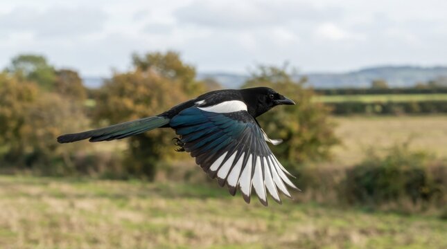 Eurasian magpie in flight over countryside field