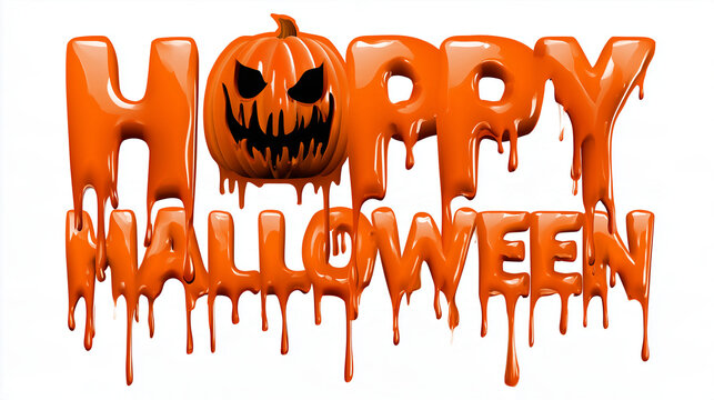 Centered Halloween typography design with large glossy orange dripping letters spelling HAPPY HALLOWEEN, a sinister carved jack-o-lantern replacing part of the upper word, thick li