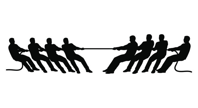 Team of people pulling rope in a black silhouette teamwork collaboration struggle