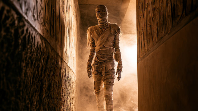 Low-angle full-body view of a weathered mummy emerging from a dark ancient pyramid corridor, decayed linen wrappings covering the figure from head to toe while dusty stone walls, h